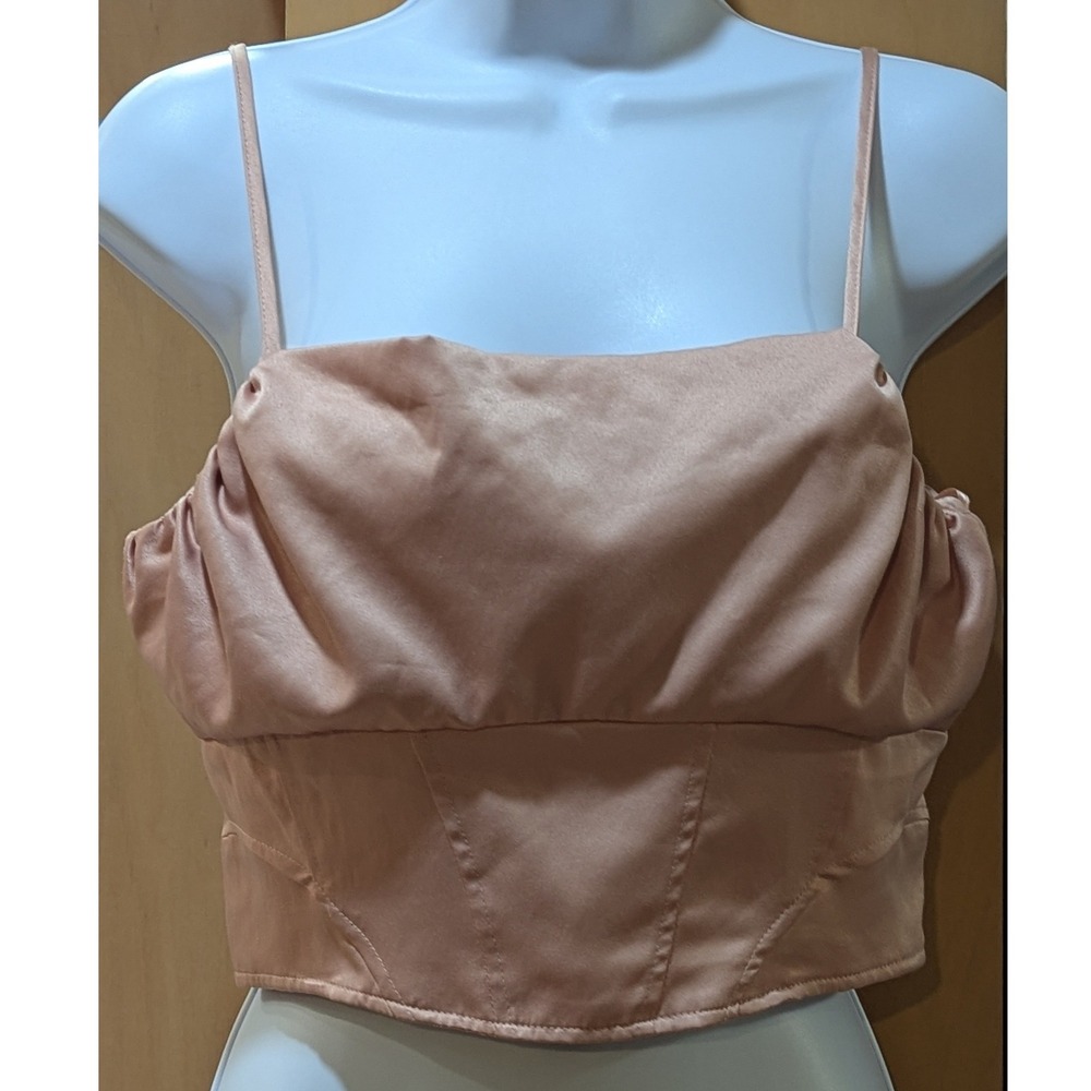 Zara Women Pink Blush Satin Corset Top Spaghetti Strap Ruched Bust Zipper Size M
